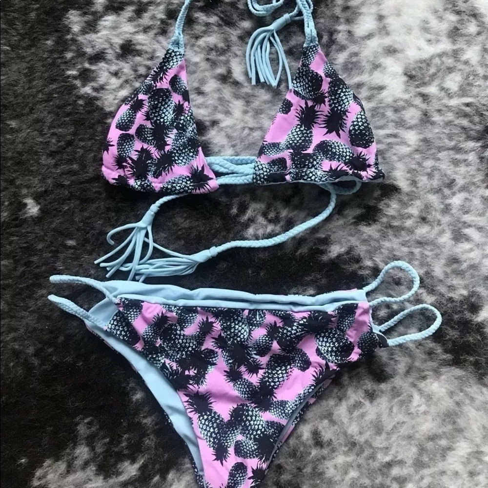 Pink & aqua reversible fringe pineapple bikini sm